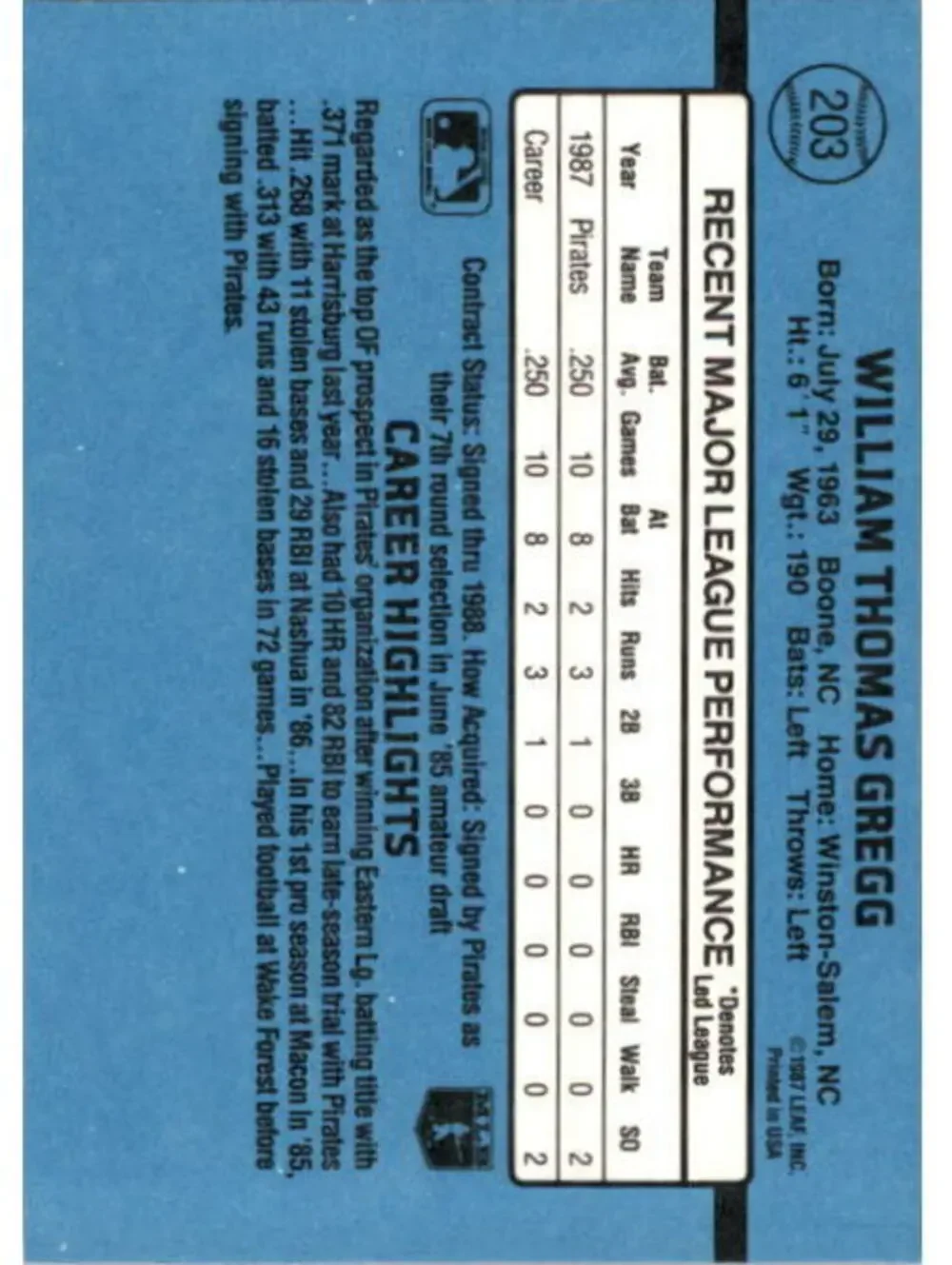 1988 Tommy Gregg Donruss Baseball Card #203